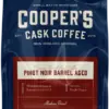 a close up of the label on a bag of pinot noir barrel aged coffee, one of cooper's wine barrel aged coffee chocies