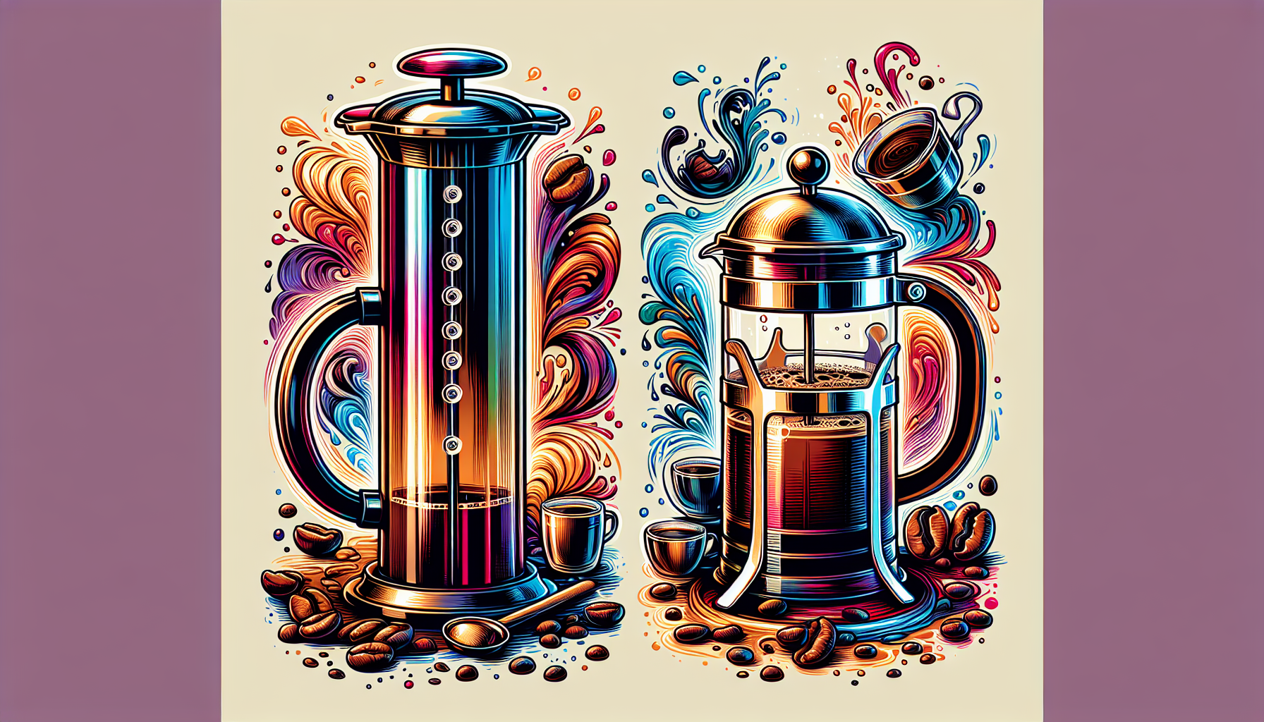 An illustration comparing AeroPress vs French Press brewing methods.