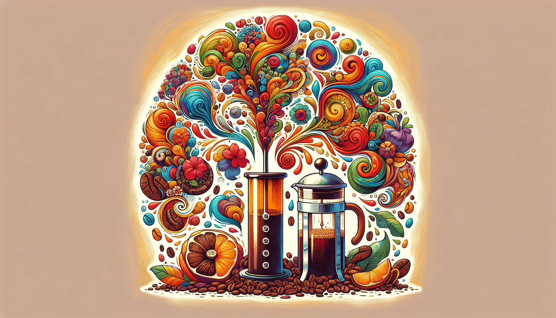 An artistic representation of flavor profiles in AeroPress and French Press coffee.