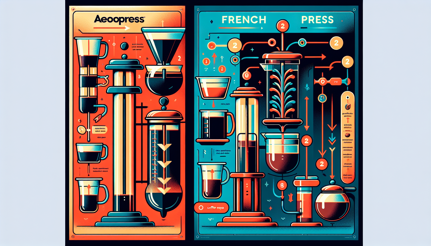 An infographic detailing the brewing process comparison of AeroPress and French Press.