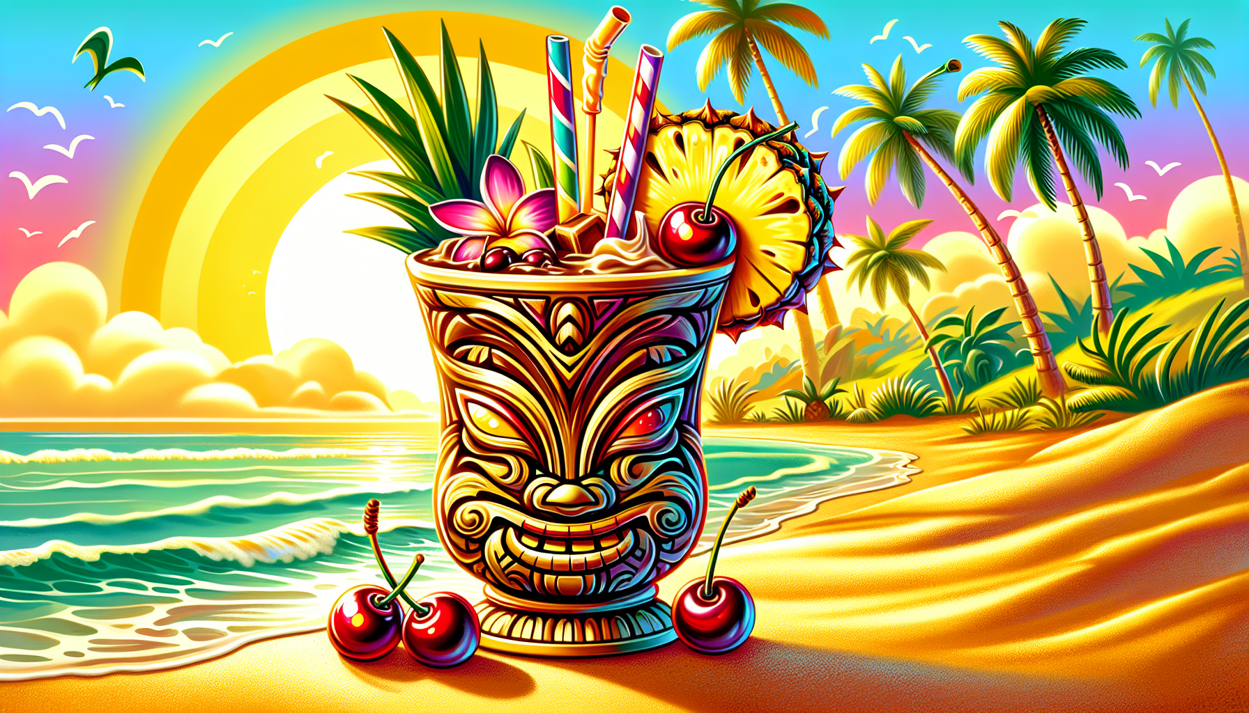 A colorful tiki coffee cocktail with tropical garnishes.