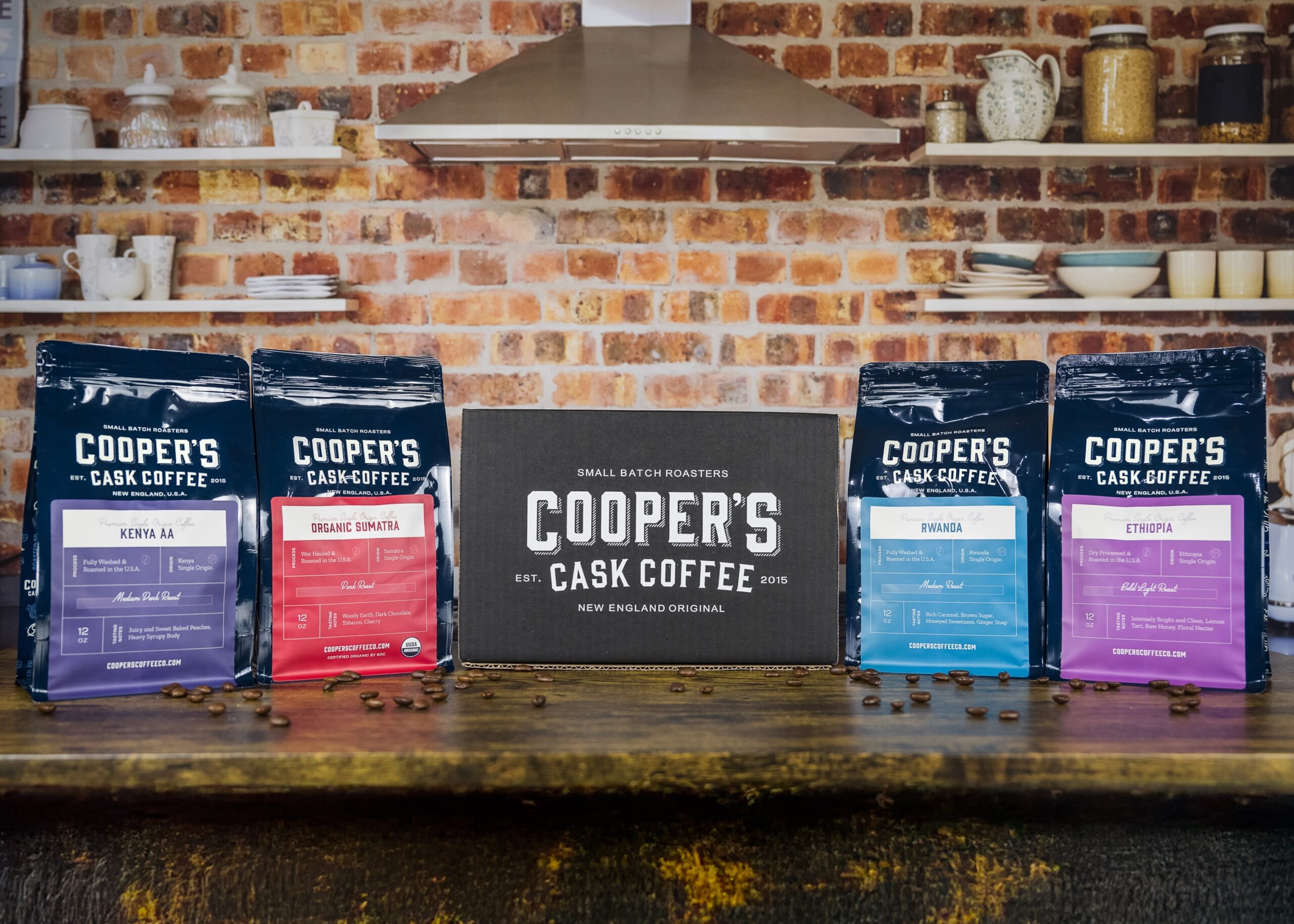 Single Origin Box Set by Cooper's Cask Coffee. Sumatra, Ethiopian, Rwanda and Kenya AA.