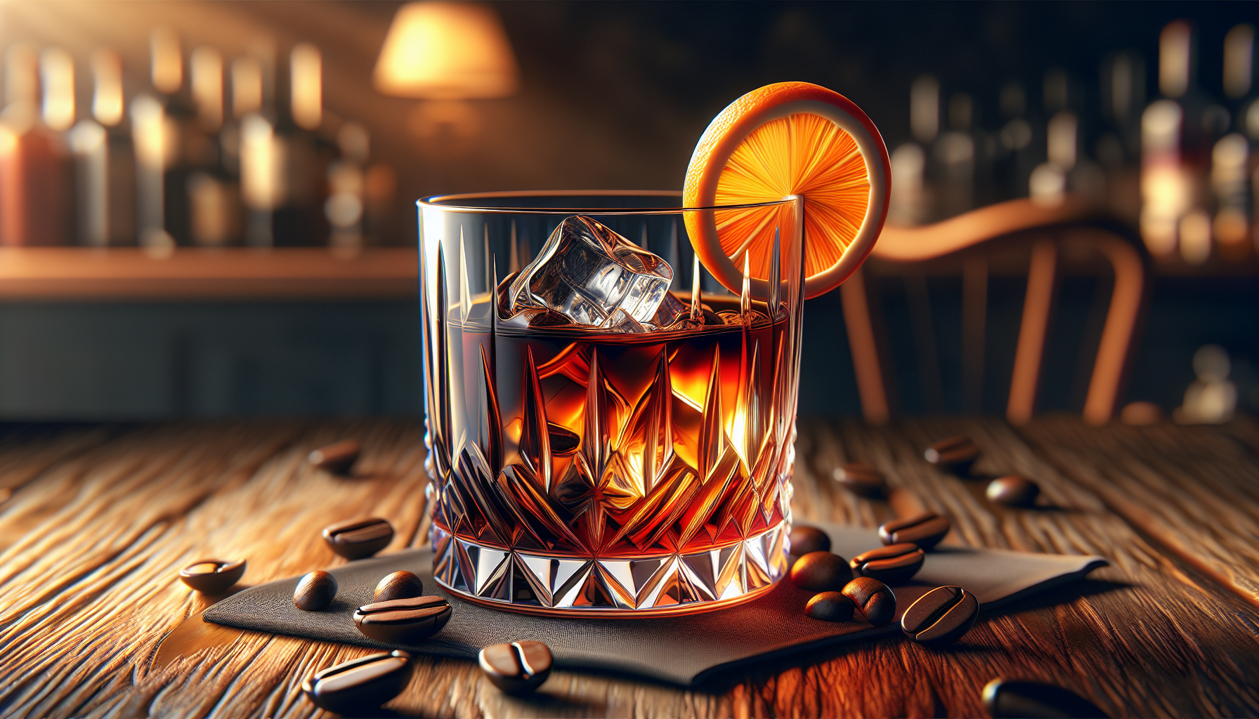 An illustration of a coffee old fashioned cocktail with coffee beans and whiskey.