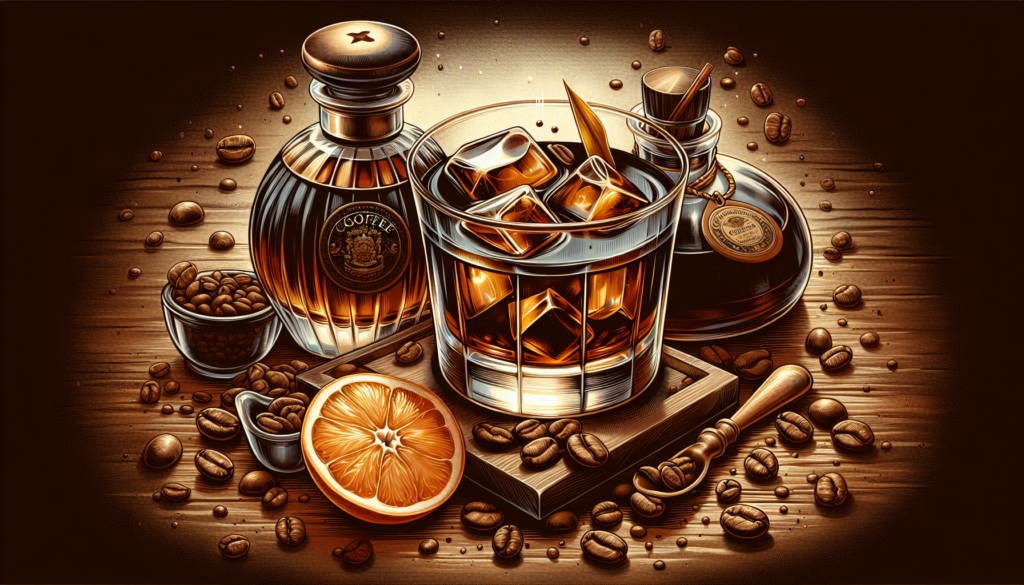 An artistic representation of key ingredients for a coffee old fashioned cocktail.