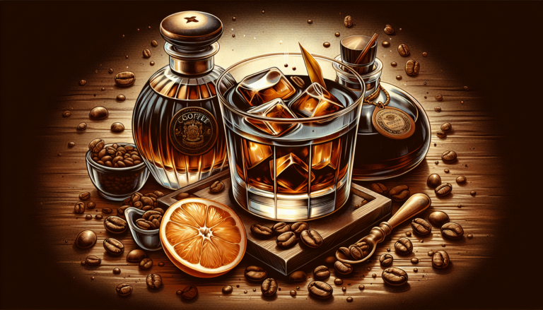 An artistic representation of key ingredients for a coffee old fashioned cocktail.