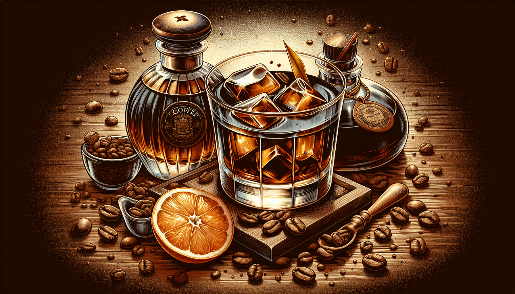 An artistic representation of key ingredients for a coffee old fashioned cocktail.