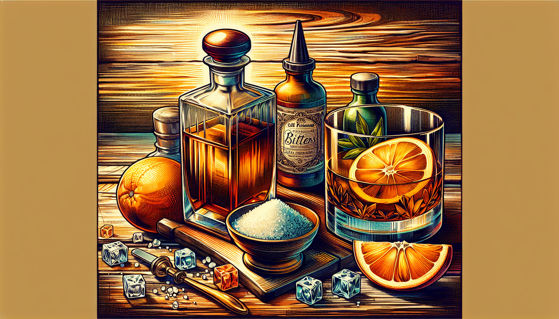 An illustration showing the essential ingredients of a classic old fashioned cocktail.