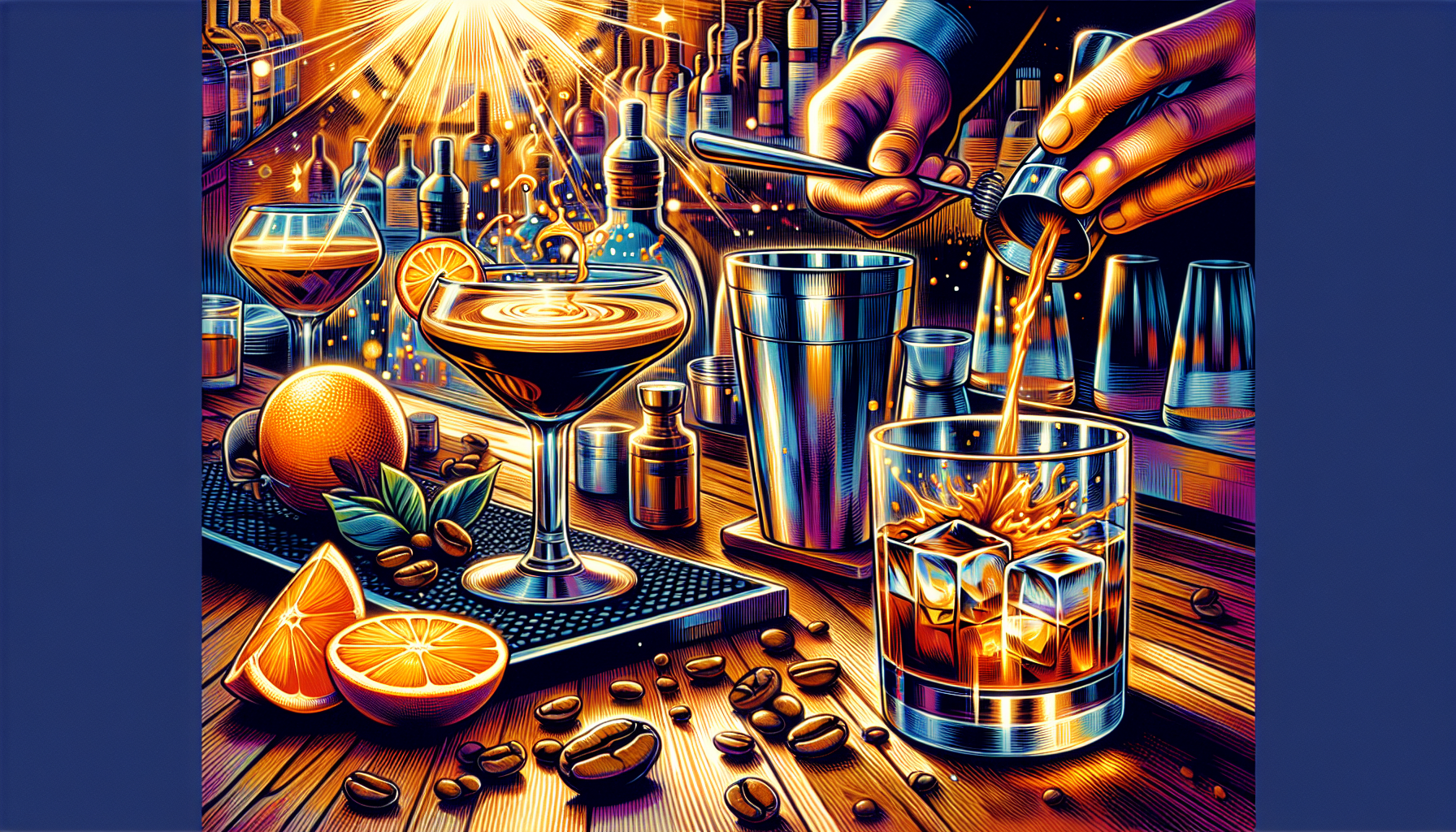 An illustration depicting the process of crafting a coffee old fashioned cocktail.