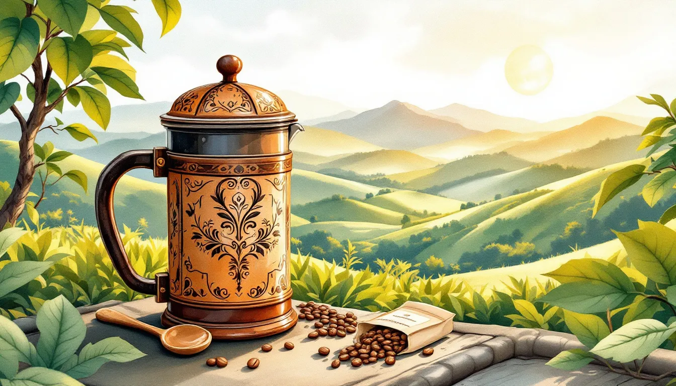 A French press with freshly roasted Ethiopian Yirgacheffe coffee beans.