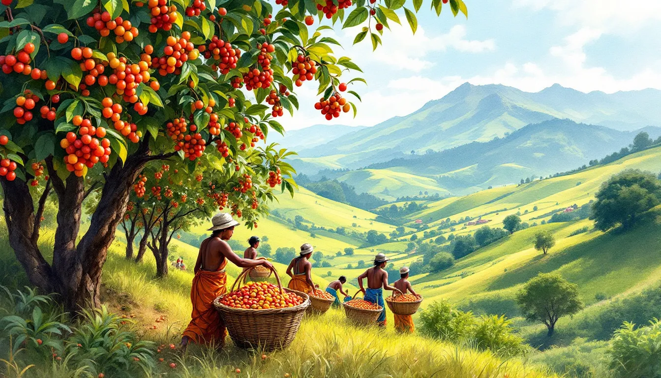 Ethiopian farmers harvesting coffee cherries in the Yirgacheffe region.