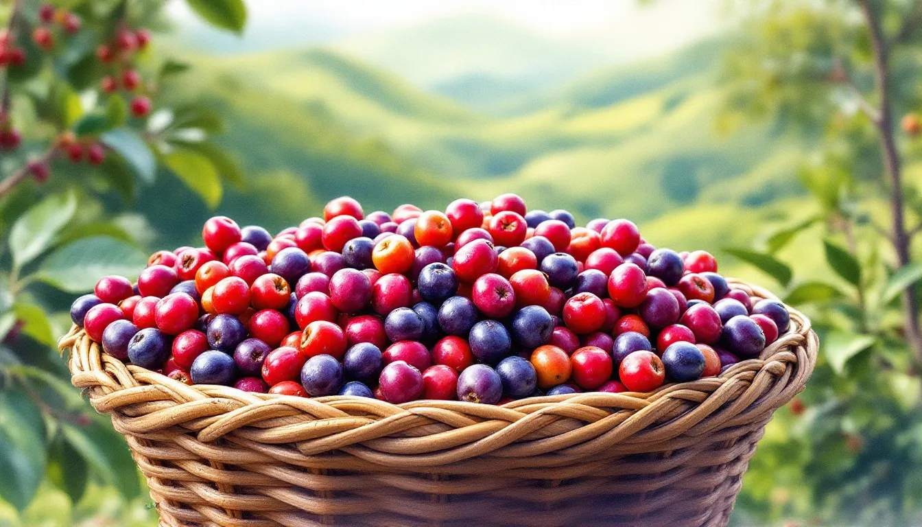 Coffee cherries from Ethiopian Yirgacheffe coffee, showcasing their vibrant colors.