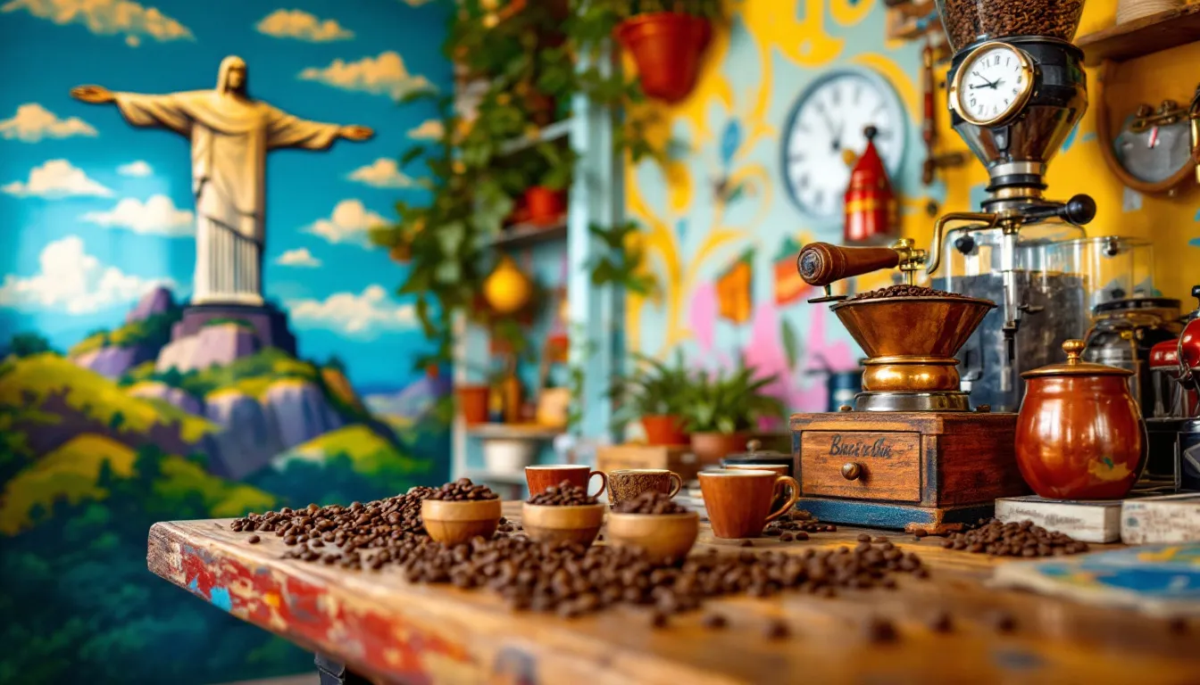 A variety of single origin coffee beans from Brazil displayed in a rustic setting.