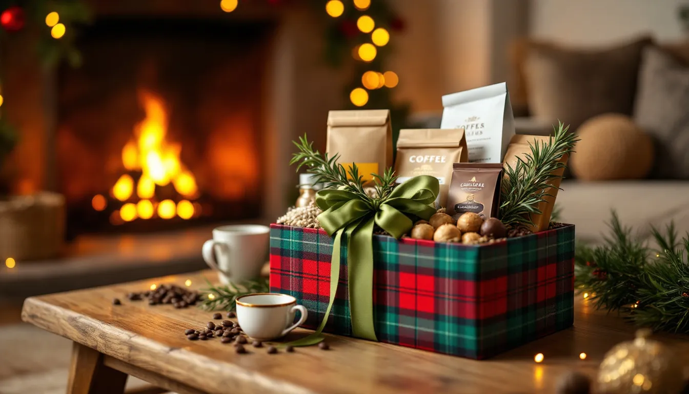 A beautifully arranged specialty coffee gift box filled with gourmet coffee and accessories.