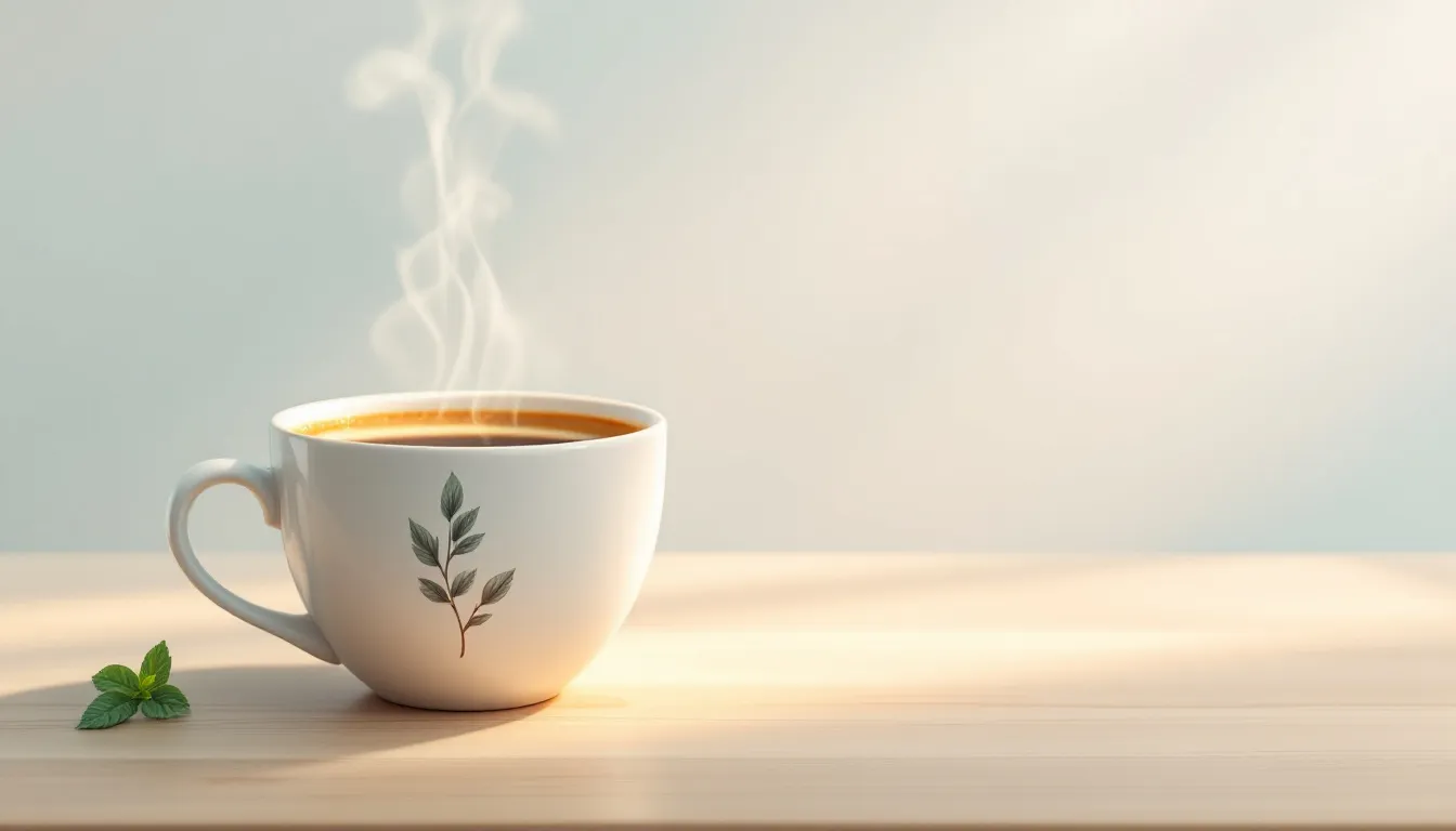 A steaming cup of decaf coffee with a health benefits infographic in the background.