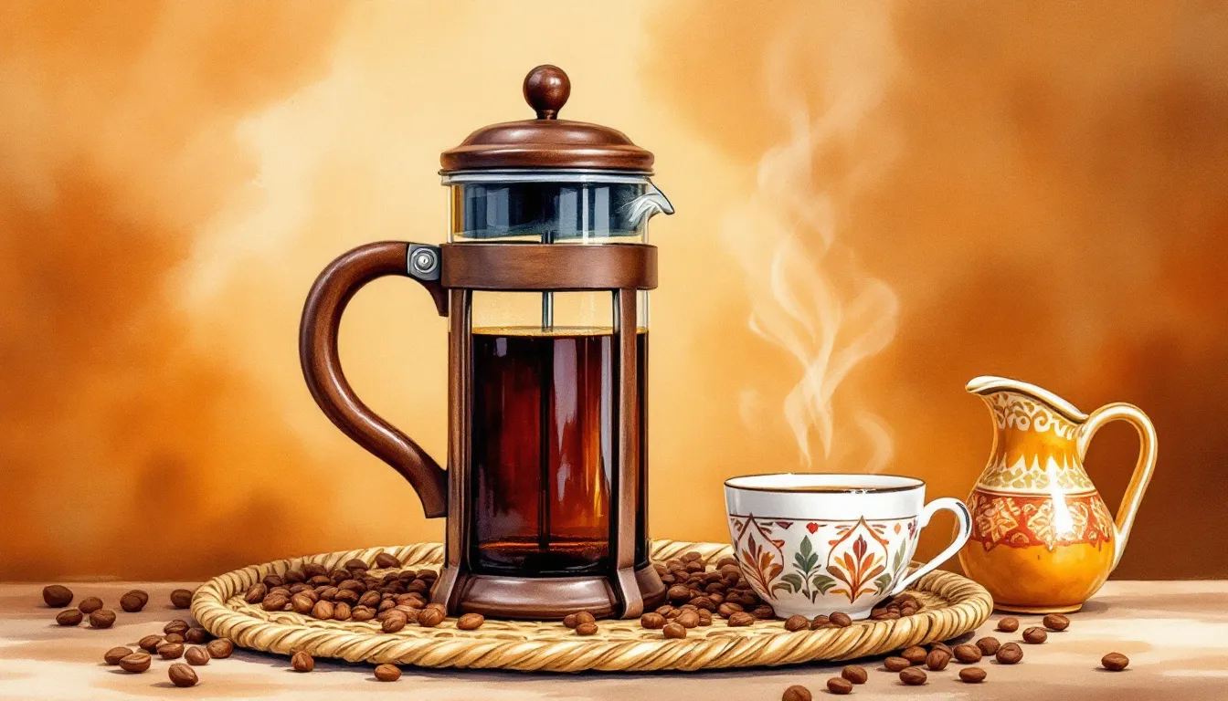 A French press with freshly brewed Ethiopian coffee ready to be served.