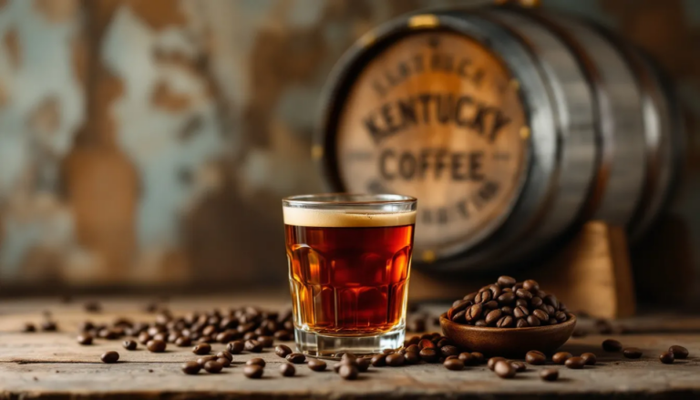 A warm glass of Kentucky coffee whiskey with coffee beans in the background.