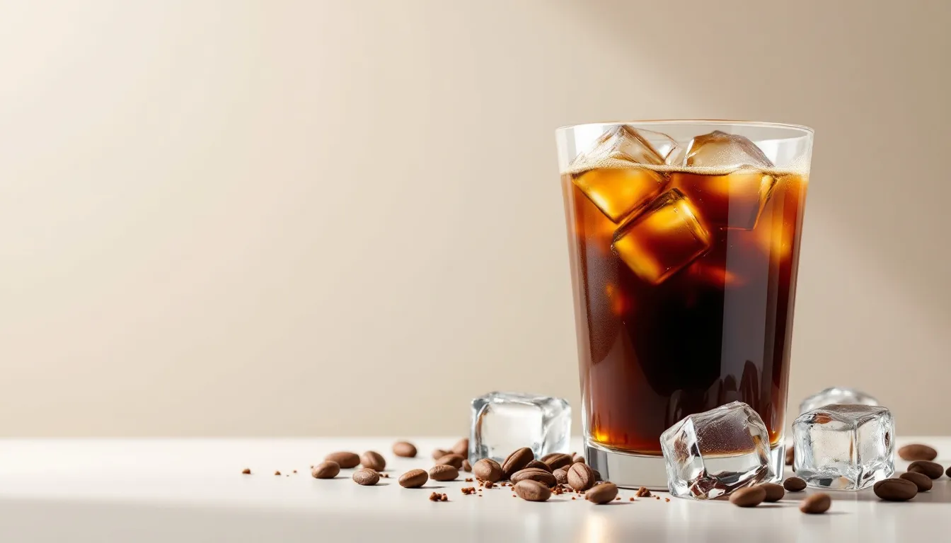 A refreshing glass of cold brew coffee with ice cubes, showcasing its rich color and smooth texture.