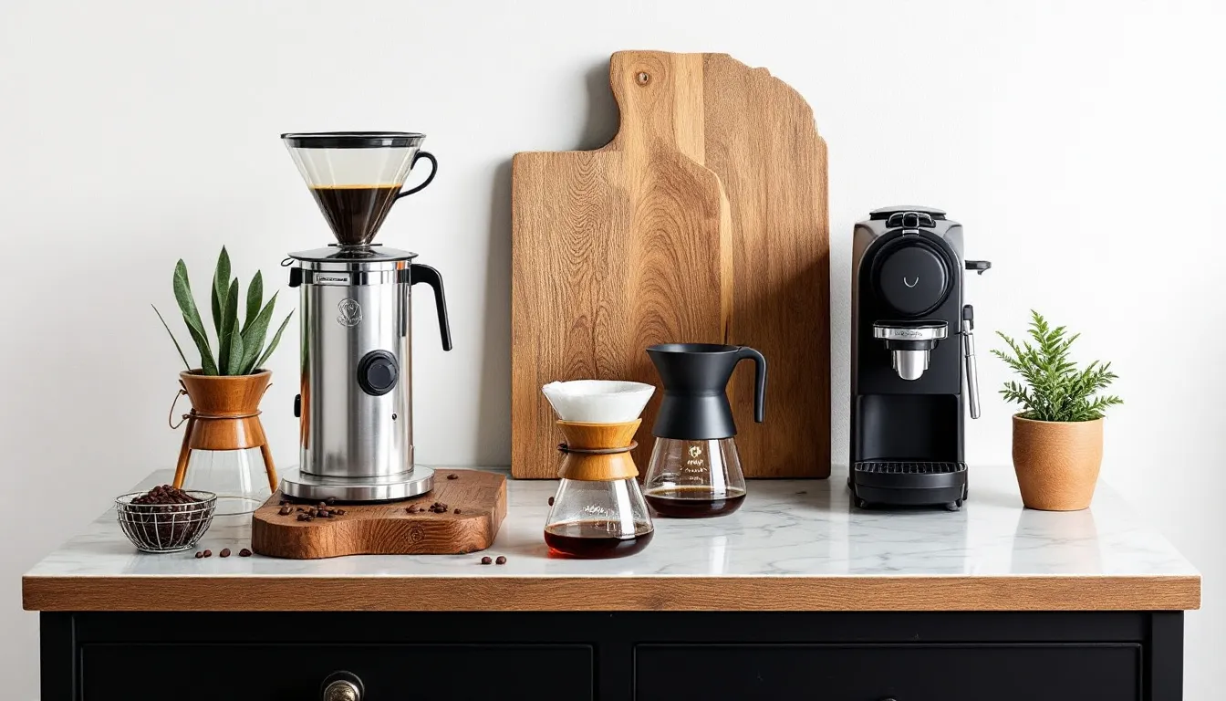 Various coffee makers for home brewing, perfect for coffee lovers.