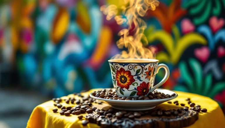 A steaming cup of Brazilian bold coffee surrounded by coffee beans.