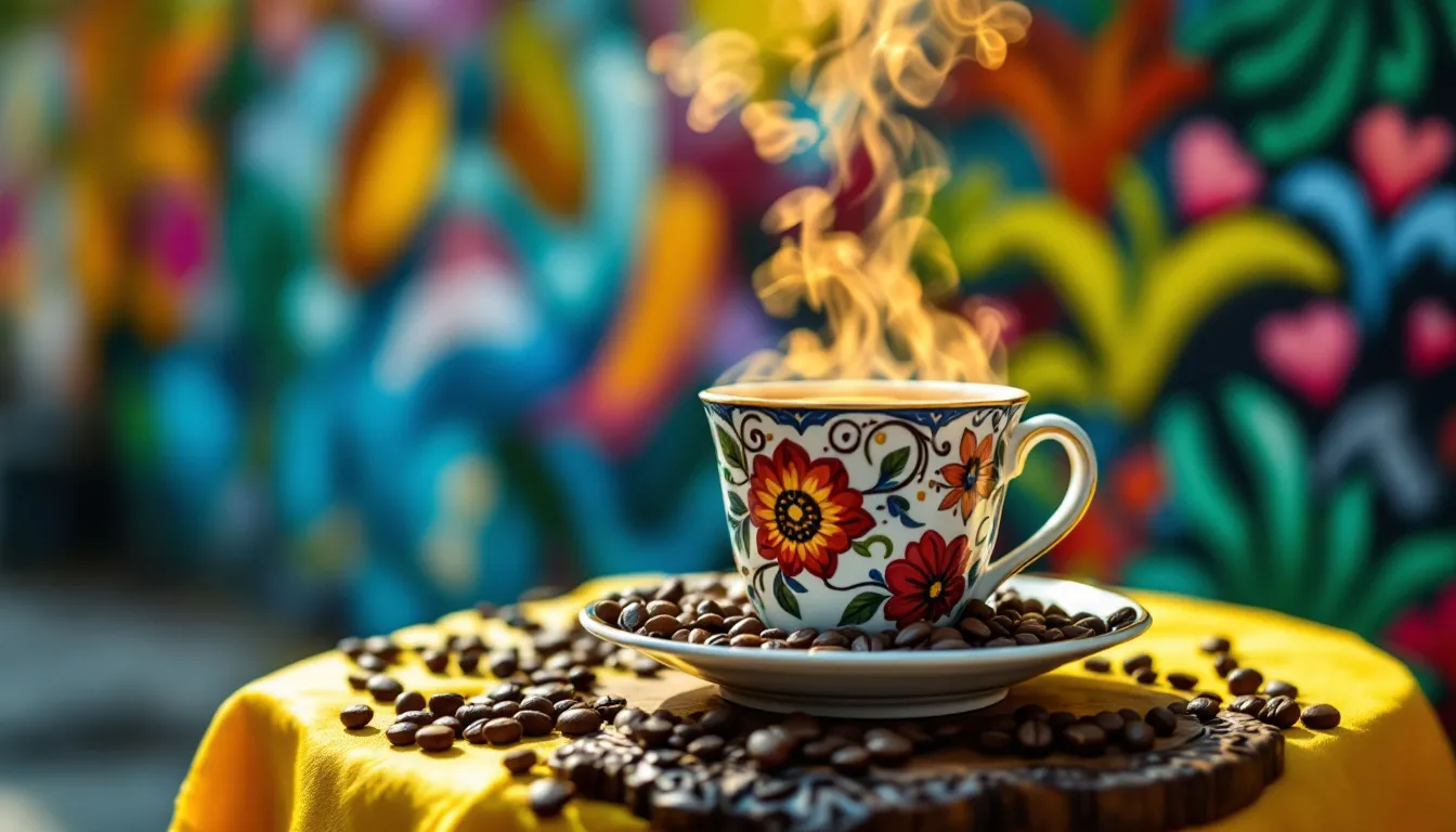 A steaming cup of Brazilian bold coffee surrounded by coffee beans.