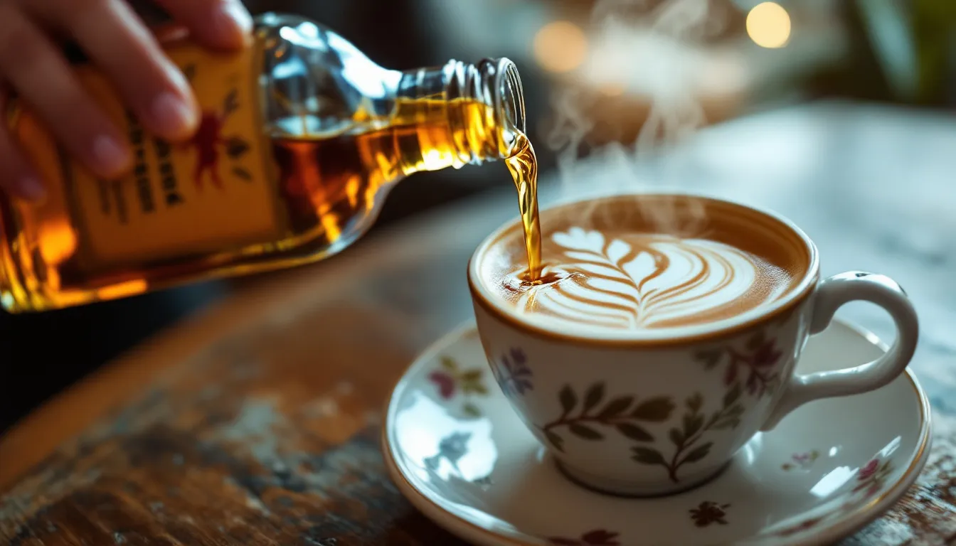 A steaming cup of coffee with Fireball whiskey being poured into it.