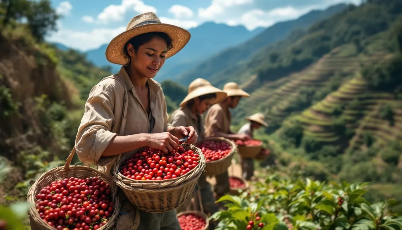 In the image, coffee farmers are diligently harvesting bright red coffee cherries from lush mountain terraces, showcasing the vibrant landscape of coffee production. This scene highlights the labor-intensive process behind high-quality arabica beans, essential for specialty coffees enjoyed by coffee lovers around the world.