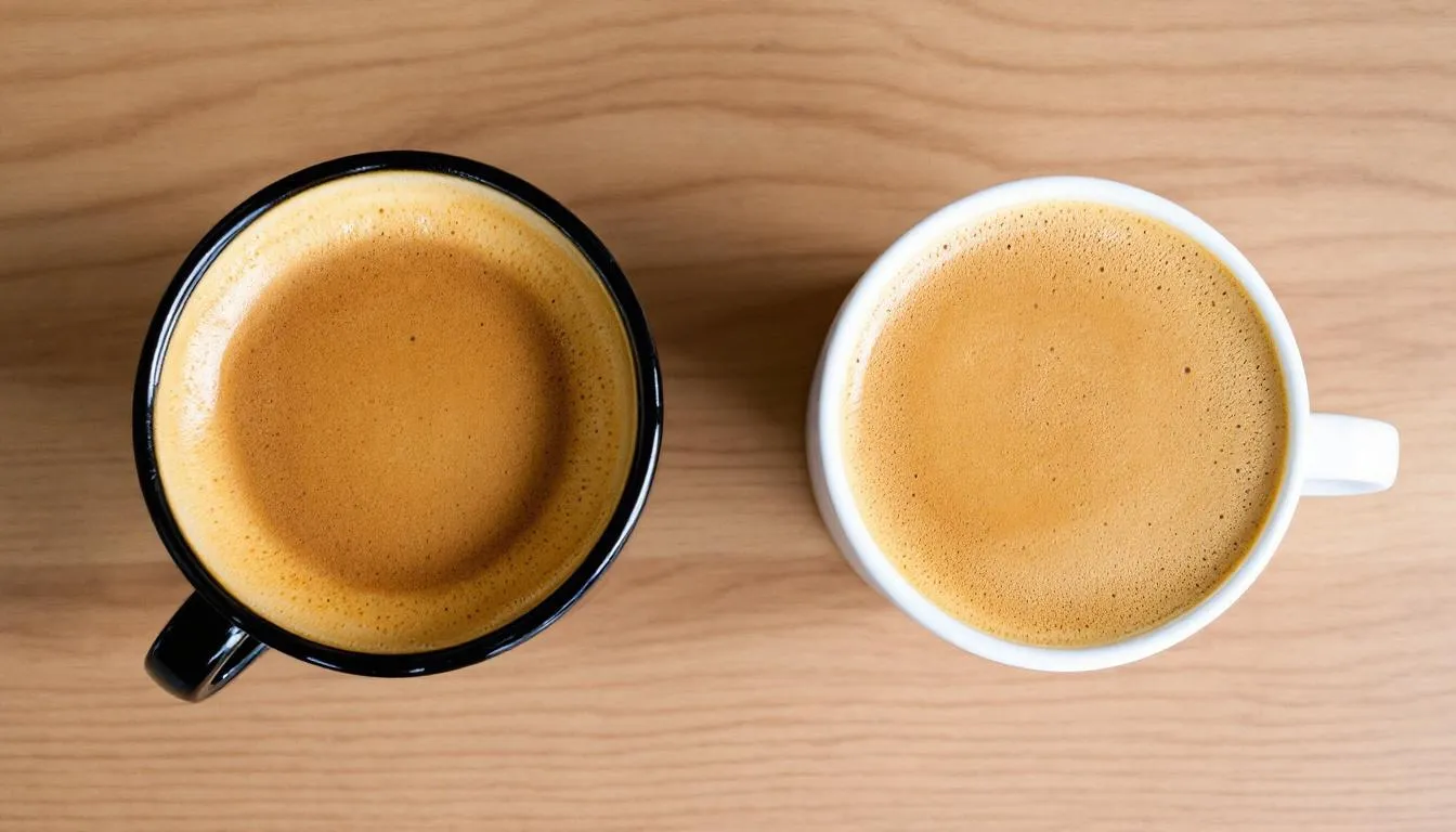 Two coffee cups are displayed, each showcasing distinct colors and crema characteristics, highlighting the unique flavors of different coffee beans. One cup features a rich, dark roast with chocolate notes, while the other presents a lighter roast with fruity and floral notes, appealing to coffee enthusiasts.