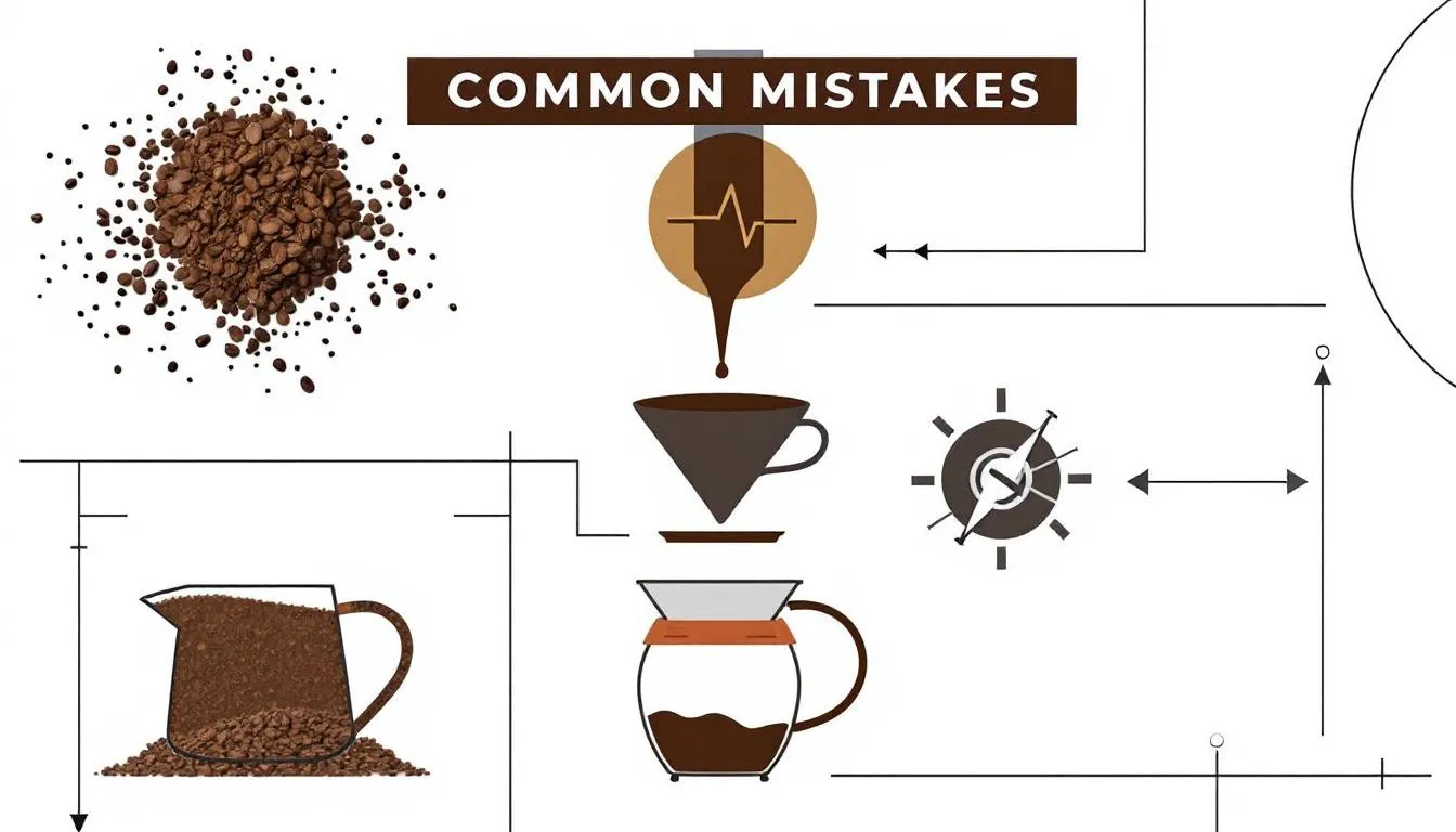 Common mistakes made when brewing dark roast coffee, illustrated with coffee grounds and equipment.