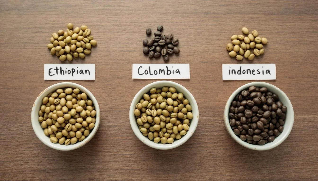 The image features an assortment of coffee beans from different regions, elegantly displayed in small bowls, each labeled with its origin. This curated selection showcases a variety of flavors, making it a perfect gift for coffee lovers and a delightful addition to coffee gift baskets.