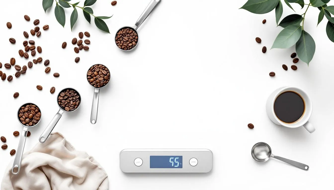 An assortment of measuring tools including a digital kitchen scale and coffee scoops for accurate coffee measurements.