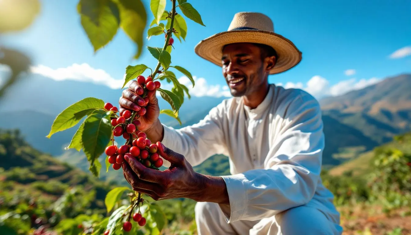 A dedicated Ethiopian coffee farmer is seen harvesting ripe red coffee cherries from lush coffee trees at a high altitude, showcasing the vibrant colors of the cherries against the rich green foliage. This scene highlights the importance of Ethiopian coffee beans in producing some of the best Ethiopian coffee, renowned for its distinctive flavor profile and pleasant acidity.
