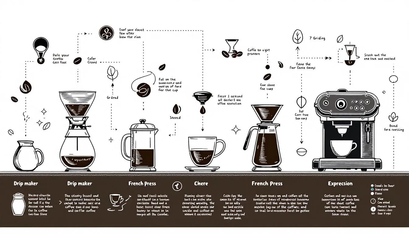 A collection of coffee brewing equipment including a drip coffee maker, French press, and espresso machine.