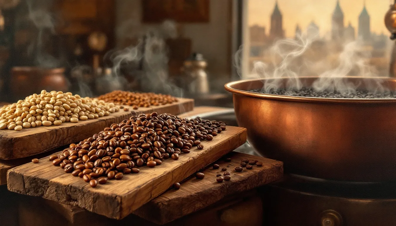 A coffee roasting process highlighting different roast levels affecting coffee body.