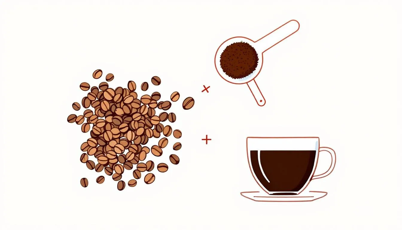 A visual representation of coffee to water ratio with coffee beans and a cup of brewed coffee.