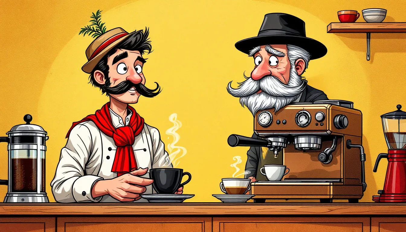 A French press and espresso machine side by side, showcasing brewing methods for coffee.