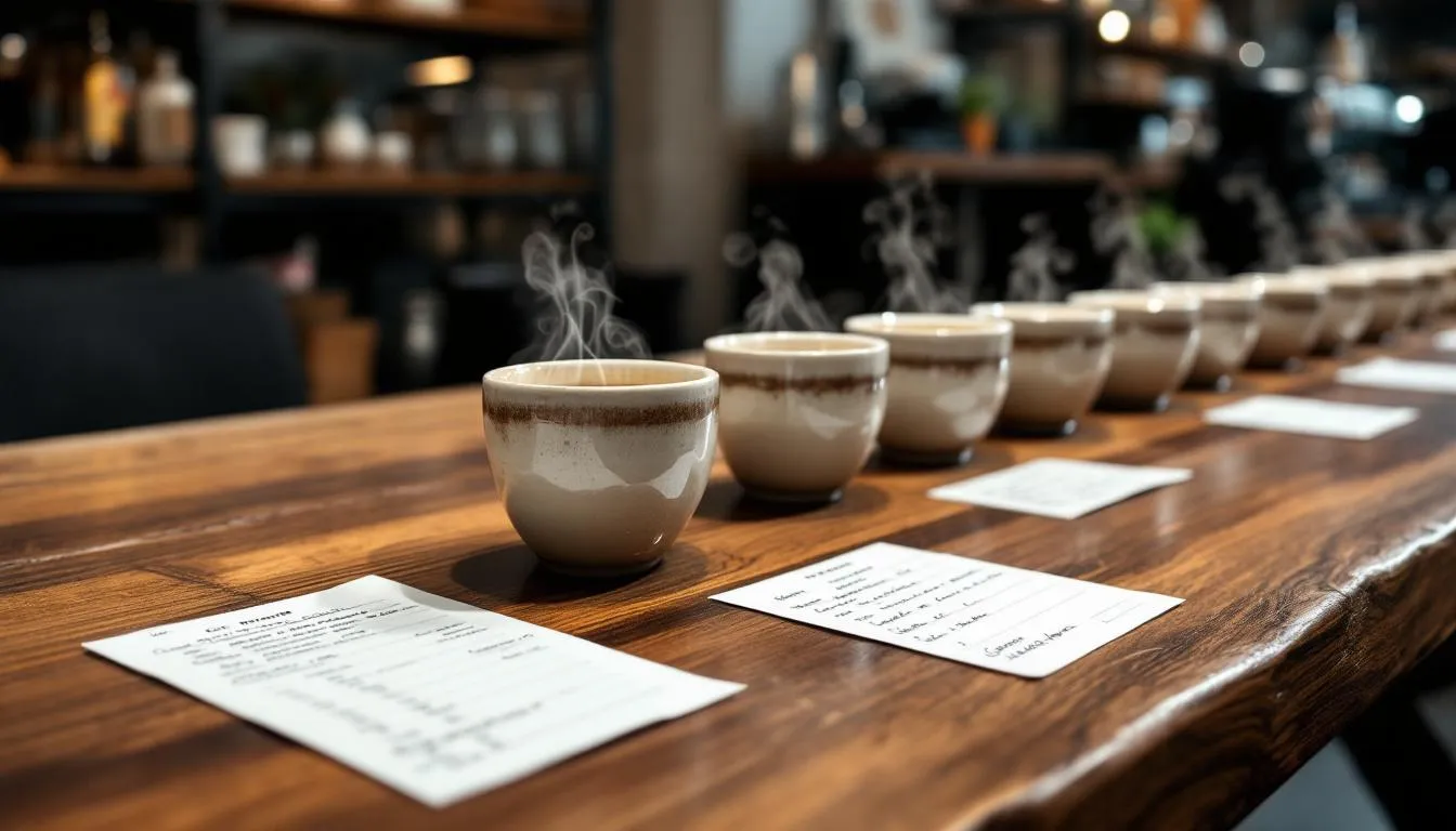 In the image, a coffee cupping session is depicted with several cups filled with different coffee samples, alongside evaluation forms for tasting notes. This setting highlights the exploration of various coffee flavors, including fruity and floral notes, as coffee enthusiasts assess the quality and distinct flavor profiles of specialty coffees like Colombian and Sumatra coffee.