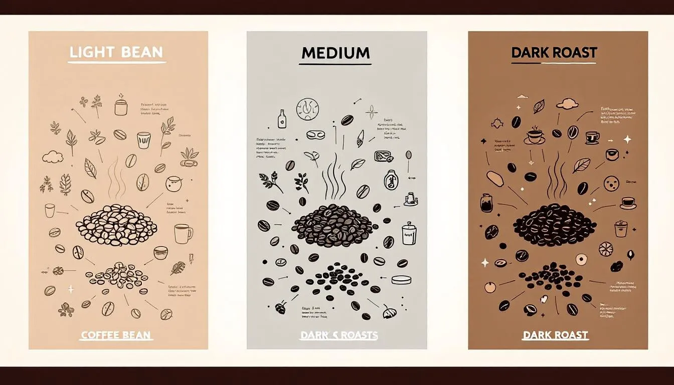 Different types of roasted coffee beans showcasing light, medium, and dark roasts.