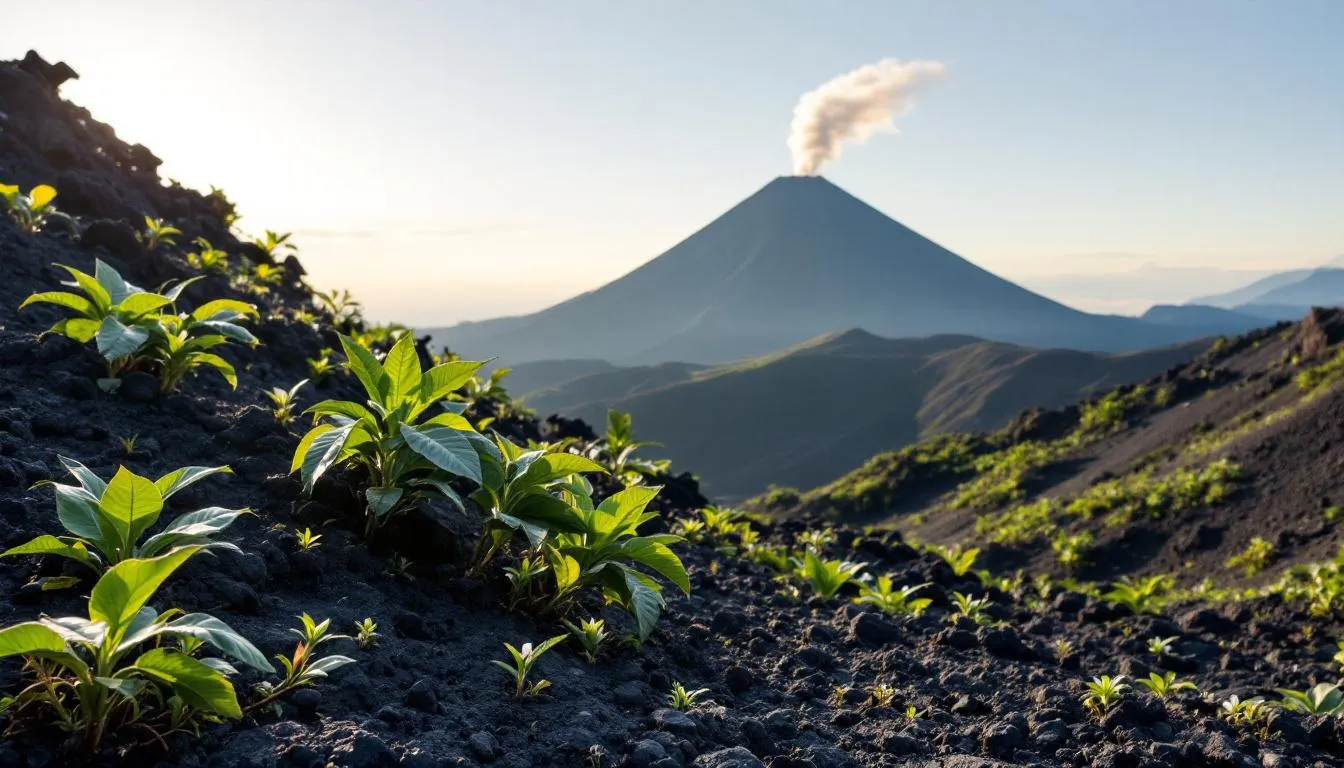 A breathtaking volcanic landscape showcases lush coffee plants growing on steep mountain slopes, highlighting the rich volcanic soil that contributes to the unique flavor profiles of Colombian coffee. The scene captures the essence of coffee production, emphasizing the high-quality arabica beans that thrive in this tropical climate.