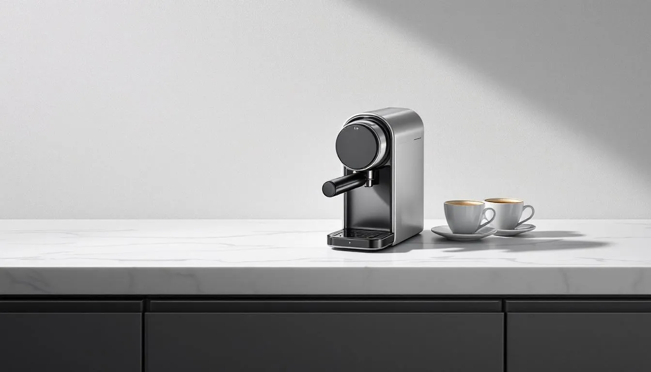 An Outin Nano Portable Espresso Machine with two espresso cups in the background.
