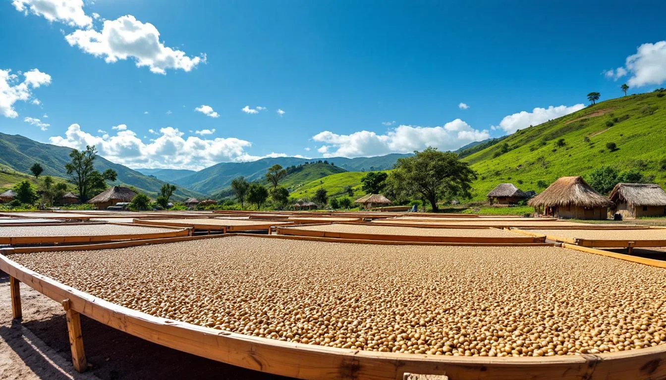 In the Ethiopian highlands, coffee beans are spread out on raised beds to dry under the sun, showcasing the vibrant colors of the freshly harvested Ethiopian coffee cherries. This traditional method enhances the distinctive flavor profile of the beans, contributing to the rich and complex taste that Ethiopian coffee is renowned for.