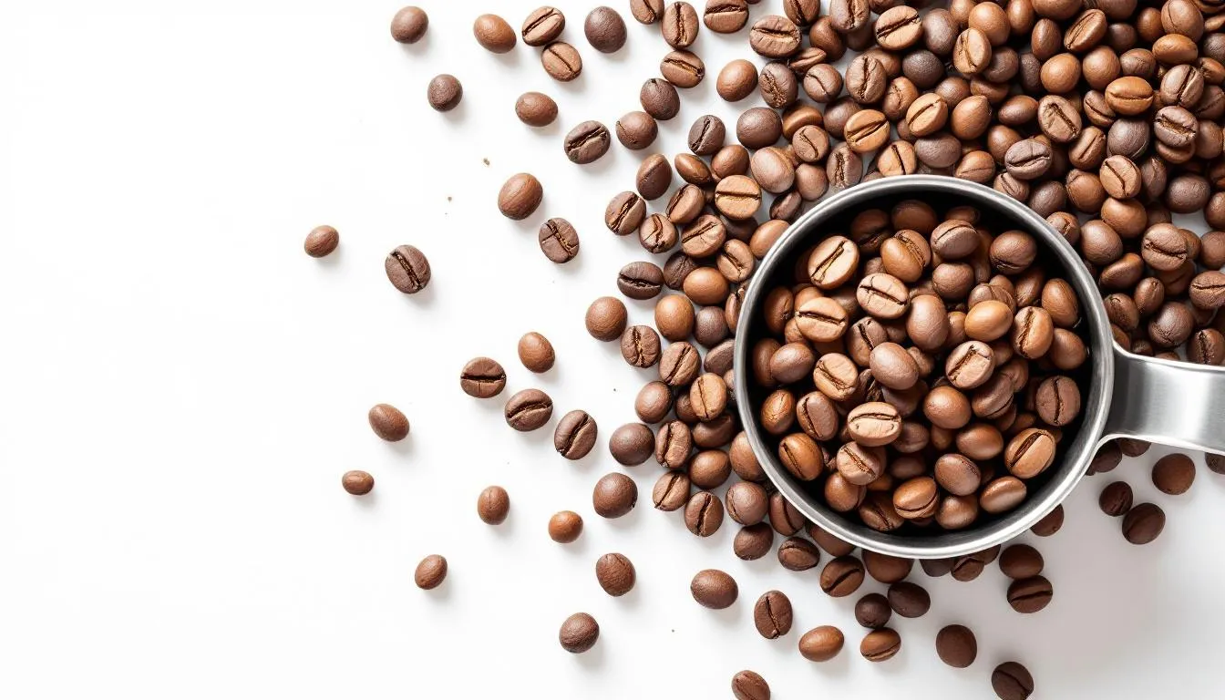 A close-up of coffee beans with a measuring scoop beside them, illustrating how many coffee beans per cup.