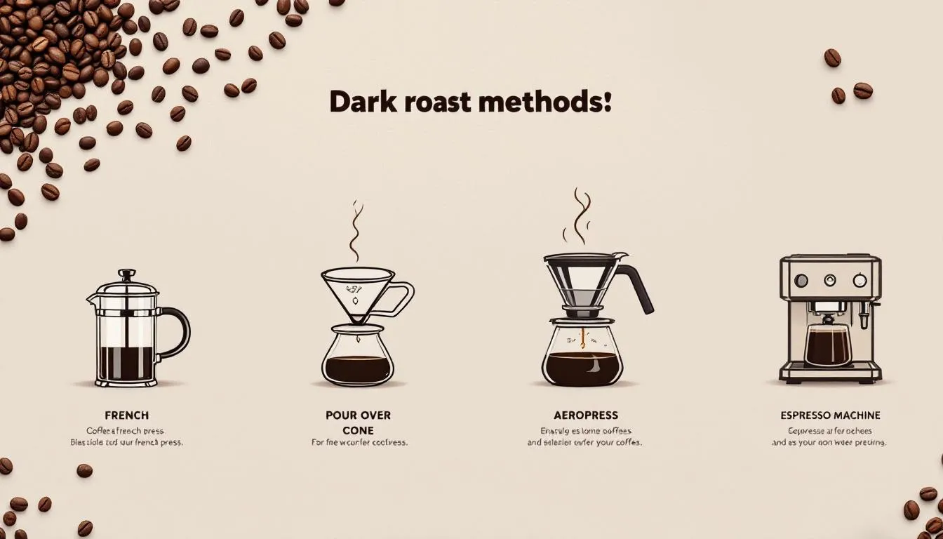 Various brewing methods for dark roast coffee displayed with equipment and coffee beans.