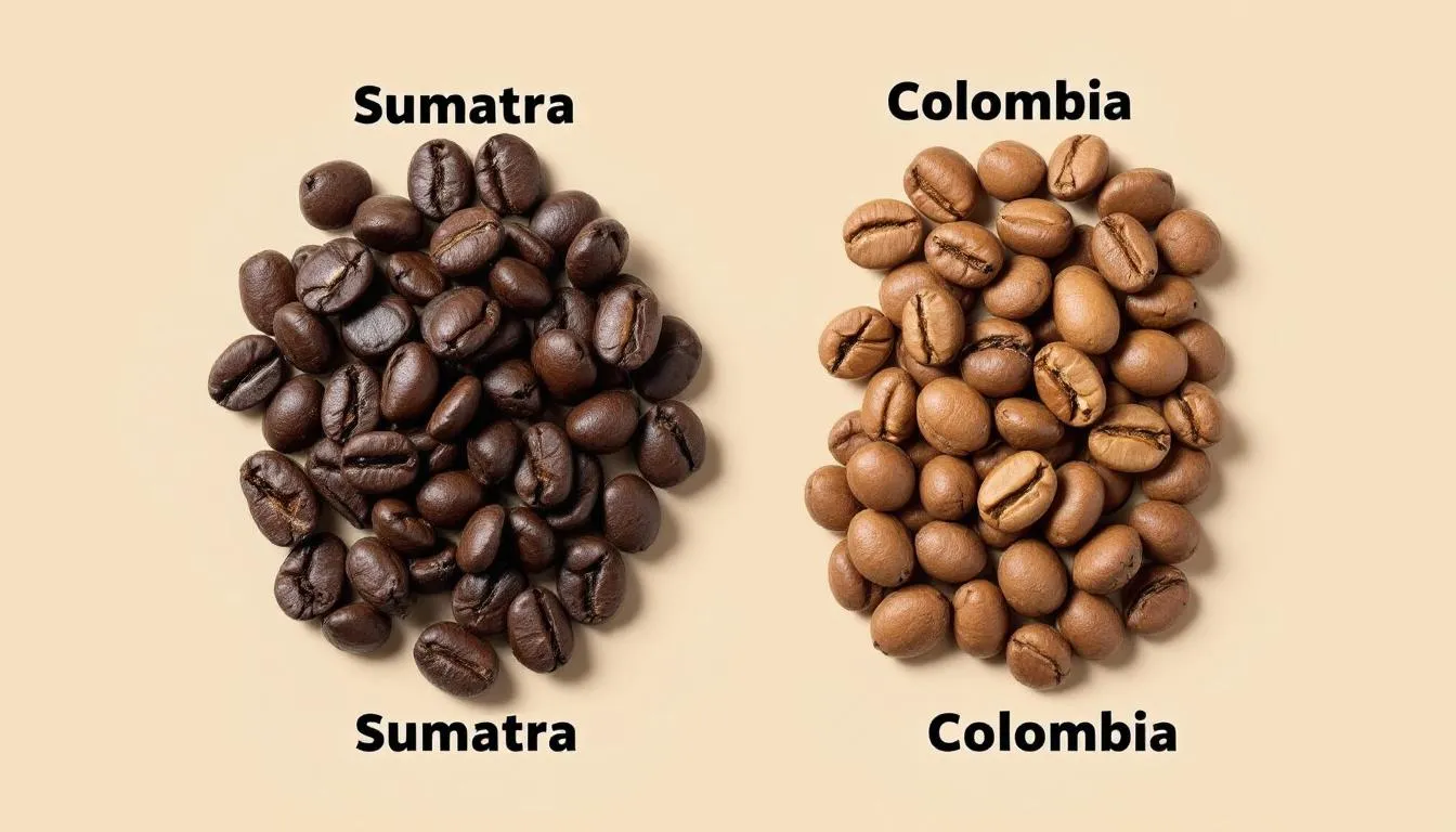 The image displays coffee beans from Sumatra and Colombia positioned side by side, highlighting their visual differences; the Sumatran beans are darker and have a more irregular shape, while the Colombian beans are typically lighter with a smoother appearance. This comparison showcases the unique characteristics of each variety, appealing to coffee lovers interested in the distinct flavor profiles of specialty coffees.