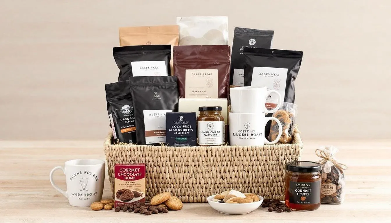An elegant coffee gift basket is beautifully arranged with a curated selection of various coffee packages, mugs, and gourmet treats, making it a perfect gift for coffee lovers. This delightful assortment offers a rich variety of flavors, ideal for special occasions or as thoughtful birthday gifts.