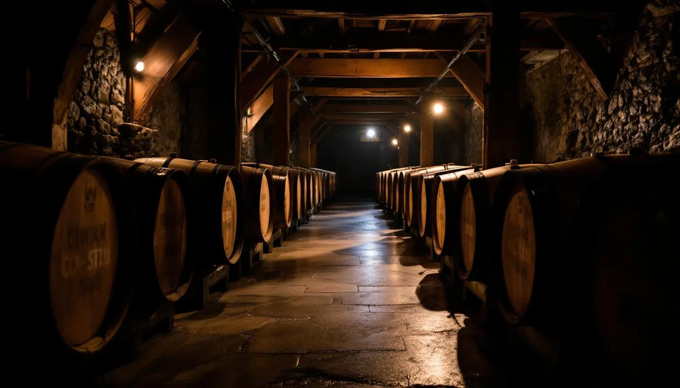 In a dimly lit cellar, several oak barrels are filled with aging cocktails, hinting at a blend of flavors that may include bourbon, bitters, and syrups, creating a rich and sweet profile for signature cocktails. The atmosphere is dark and inviting, perfect for savoring the complex taste of fine cask cocktails.