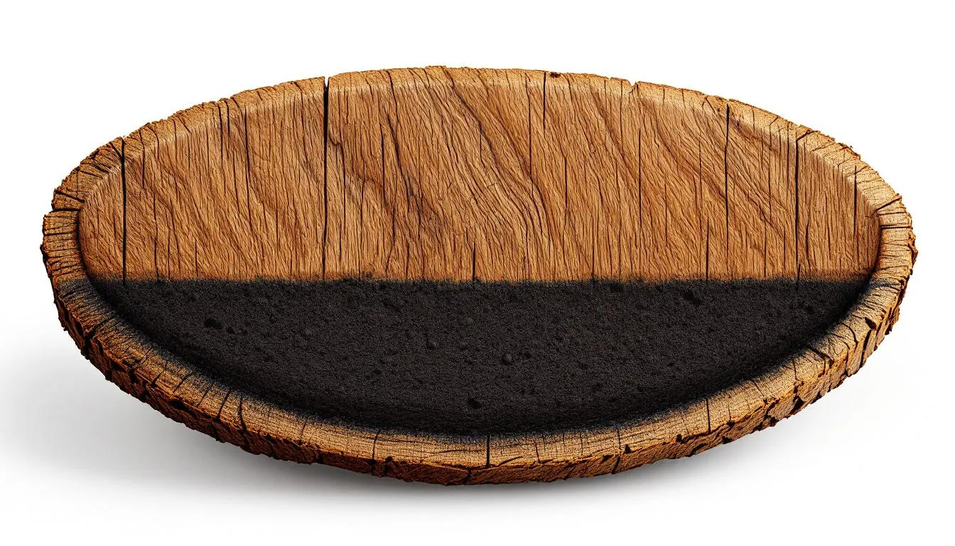 A detailed cross-section view of an oak barrel reveals the intricate wood grain and a char layer, highlighting the craftsmanship involved in creating cask cocktails. This image emphasizes the essential role of barrels in aging spirits, enhancing the flavors of drinks like bourbon and cocktails.