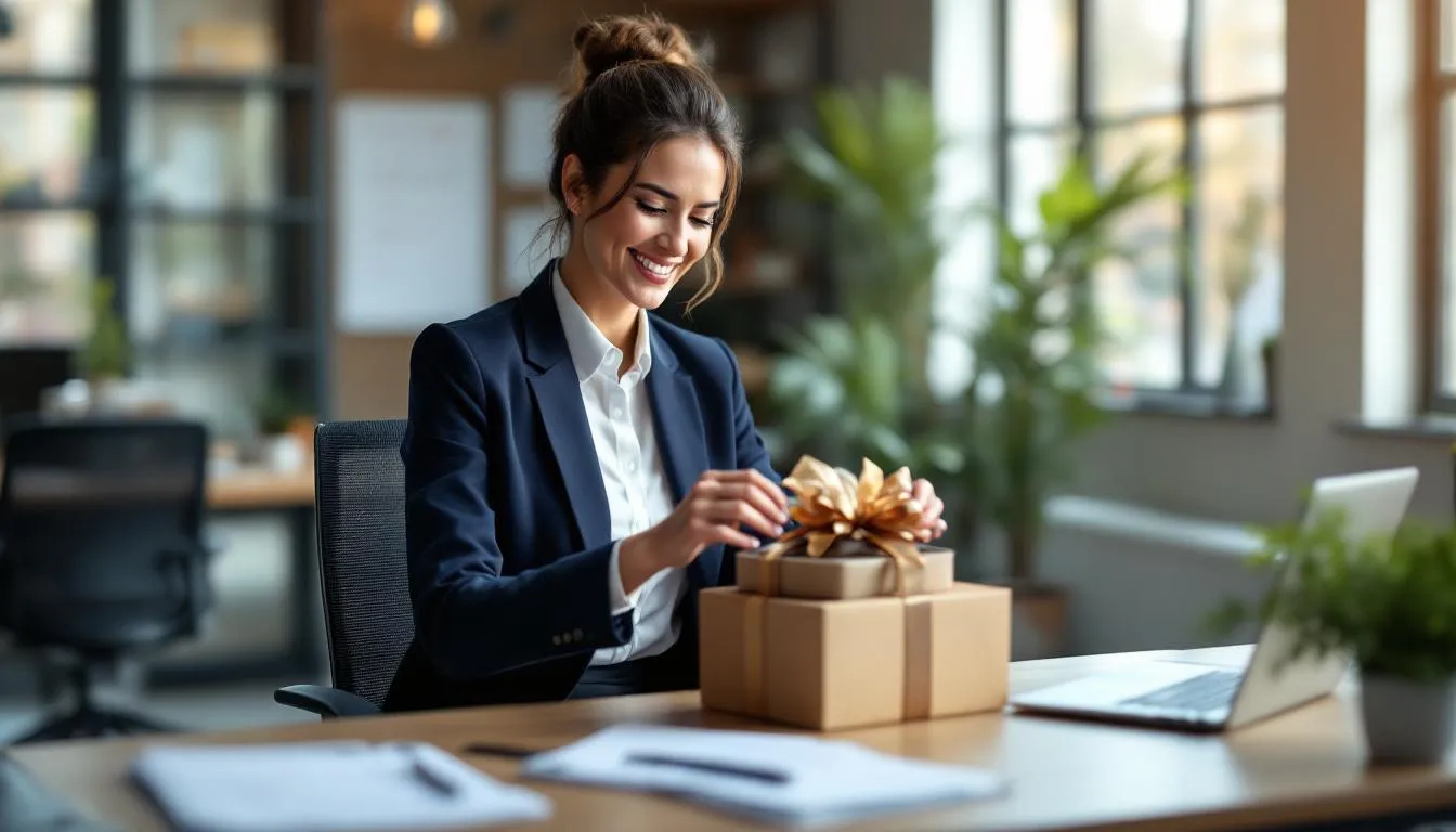 A professional woman in an office is joyfully receiving a beautifully wrapped coffee gift basket, filled with a curated selection of gourmet coffee and tea gifts. The basket, designed for coffee lovers, presents a perfect gift for any occasion, showcasing an assortment of rich flavors and quality brews.