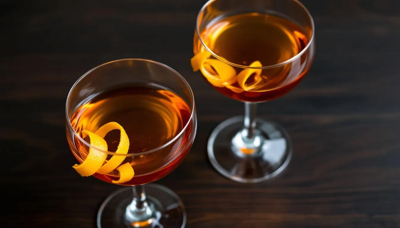 In the image, elegant coupe glasses are filled with golden-brown aged cocktails, each garnished with a twist of orange peel, showcasing a refined presentation perfect for signature cocktails. The rich colors and sophisticated garnishes suggest a blend of flavors, likely featuring ingredients such as bourbon, bitters, and syrups, ideal for a fine drinking experience.