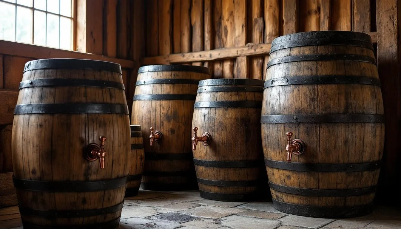 The image showcases various sizes of oak barrels, each featuring shiny copper fittings and spigots, ideal for aging spirits and crafting cask cocktails. These barrels evoke a sense of craftsmanship and tradition, often associated with the rich flavors found in drinks like bourbon and old fashioned cocktails.