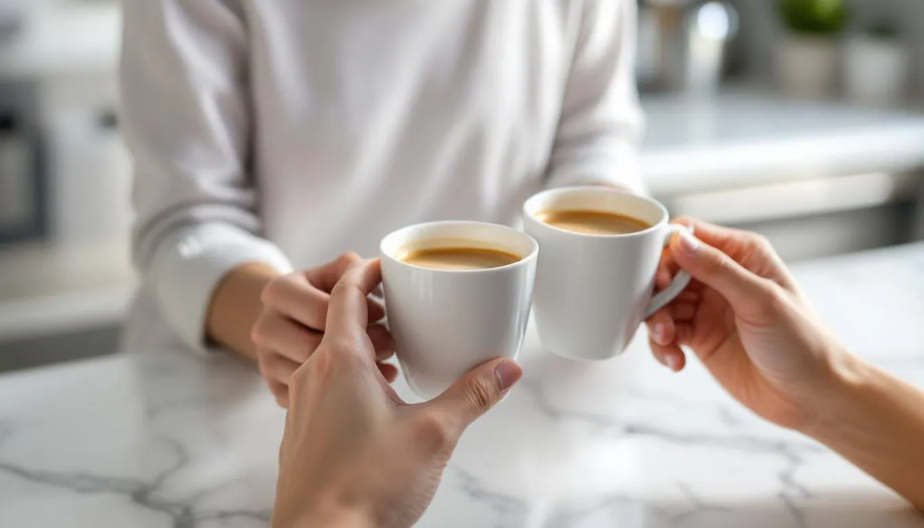 A person enjoying a freshly brewed espresso from two espresso cups.